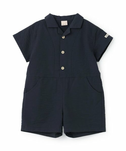 petit main / プティマイン ロンパース | 布帛開衿シャツカバーオール（紺）
