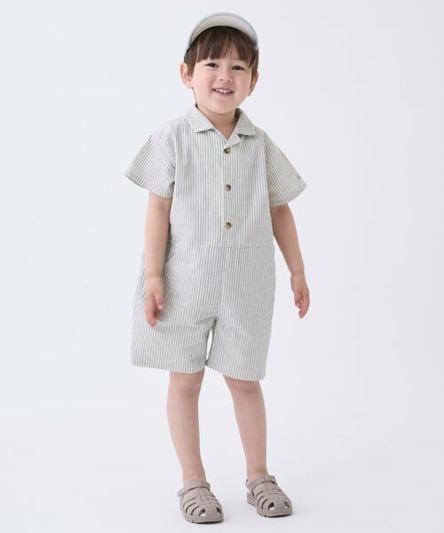 petit main / プティマイン ロンパース | 布帛開衿シャツカバーオール（ストライプ）