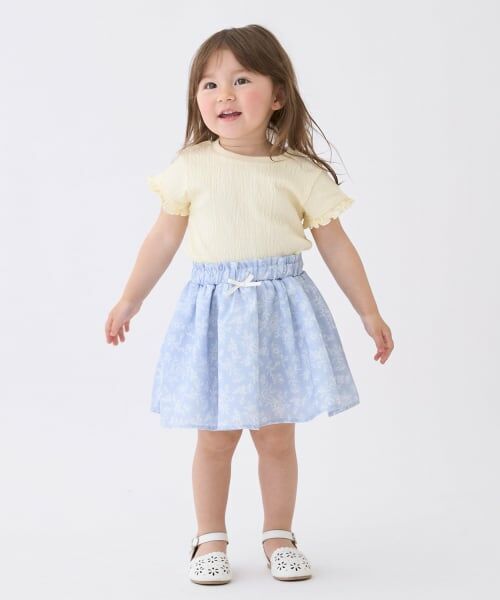 petit main / プティマイン ミニ・ひざ丈スカート | 花プリントギャザースカート(ブルー)