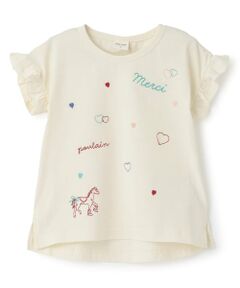 petit main / プティマイン Tシャツ | 袖フリル刺しゅうTシャツ