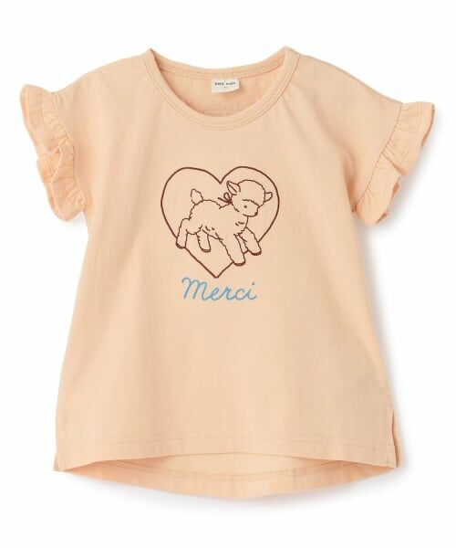 petit main / プティマイン Tシャツ | 袖フリル刺しゅうTシャツ（オレンジ）