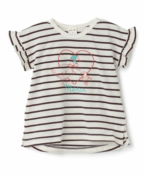 petit main / プティマイン Tシャツ | 袖フリル刺しゅうTシャツ（ボーダー）