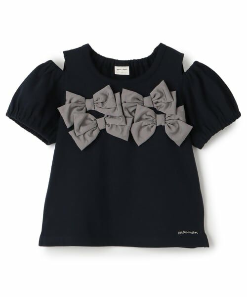 petit main / プティマイン Tシャツ | リボンオフショルTシャツ（紺）