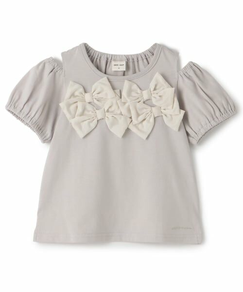 petit main / プティマイン Tシャツ | リボンオフショルTシャツ（ライト グレー）