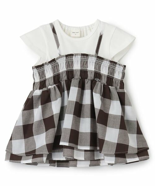 petit main / プティマイン Tシャツ | 【接触冷感/リンク】ブロックチェックドッキングTシャツ（茶）