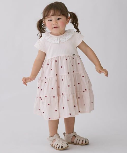 petit main / プティマイン ミニ丈・ひざ丈ワンピース | 【リンク】ハート刺しゅうドッキングワンピース(ライト ピンク)