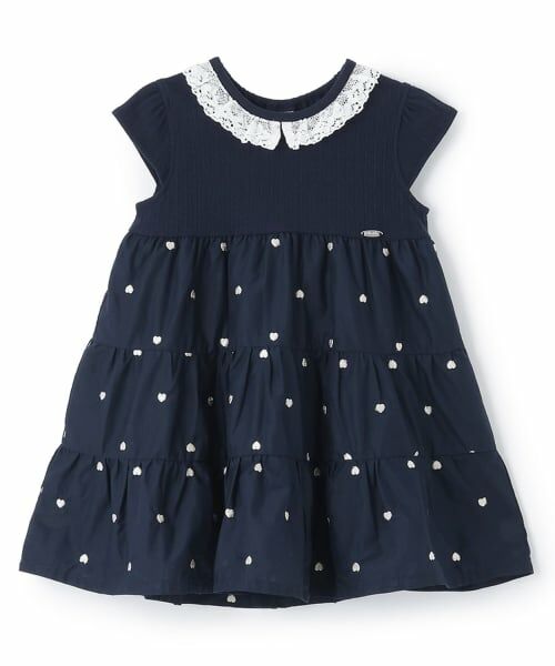 petit main / プティマイン ミニ丈・ひざ丈ワンピース | 【リンク】ハート刺しゅうドッキングワンピース(紺)
