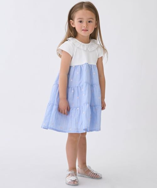 petit main / プティマイン ミニ丈・ひざ丈ワンピース | 【リンク】ハート刺しゅうドッキングワンピース(サックス)