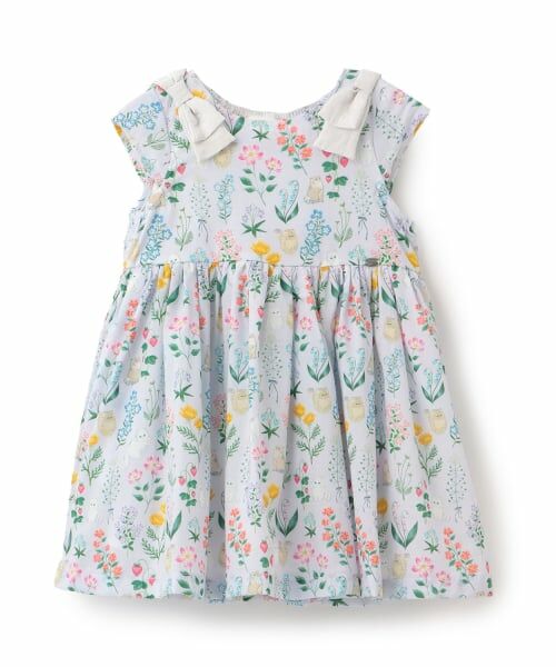 petit main / プティマイン ミニ丈・ひざ丈ワンピース | 【泉屋 サク】【リンク】肩リボンフラワーキャットワンピース（ラベンダー）