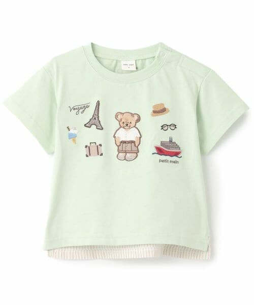 petit main / プティマイン Tシャツ | 【接触冷感】くま旅アップリケ半袖Tシャツ（ライト グリーン）