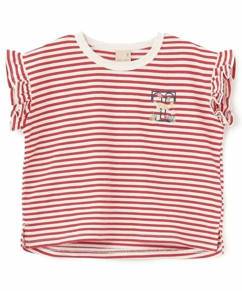 petit main / プティマイン Tシャツ | 【プティプラ】アルファベット袖フリルTシャツ（赤）