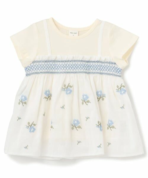 petit main / プティマイン Tシャツ | 【リンク】クロスステッチ花ドッキングTシャツ（アイボリー）