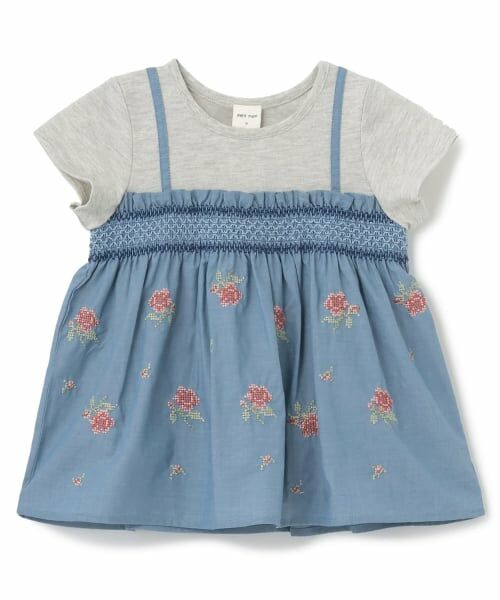 petit main / プティマイン Tシャツ | 【リンク】クロスステッチ花ドッキングTシャツ（サックス）