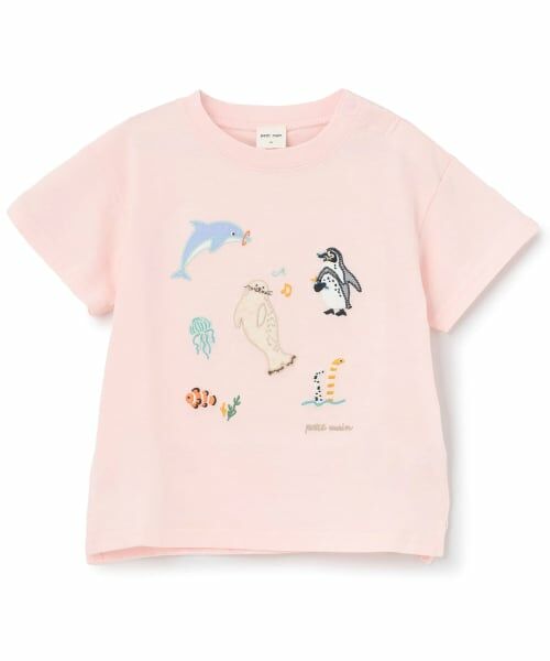 petit main / プティマイン Tシャツ | 【接触冷感】海のいきものアップリケ半袖Tシャツ（ライト ピンク）
