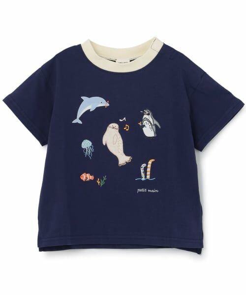 petit main / プティマイン Tシャツ | 【接触冷感】海のいきものアップリケ半袖Tシャツ（紺）