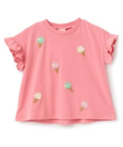 petit main / プティマイン Tシャツ | 【接触冷感】袖フリル刺しゅう半袖Tシャツ