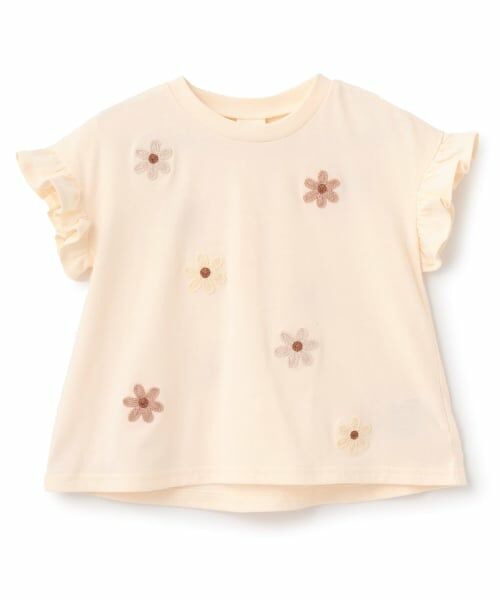 petit main / プティマイン Tシャツ | 【接触冷感】袖フリル刺しゅう半袖Tシャツ(生成)