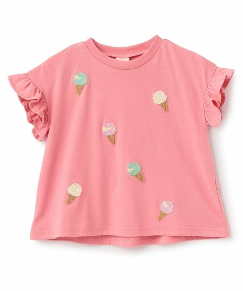 petit main / プティマイン Tシャツ | 【接触冷感】袖フリル刺しゅう半袖Tシャツ(ピンク)