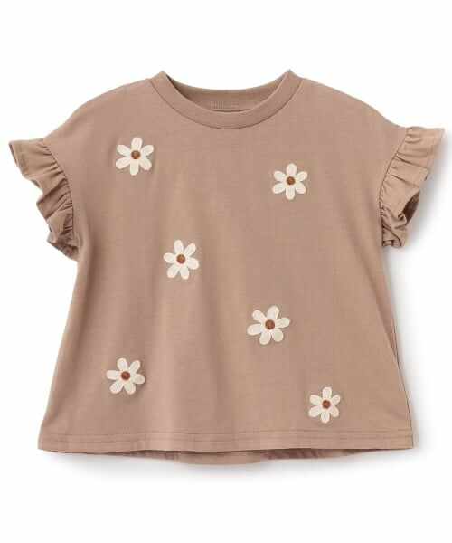 petit main / プティマイン Tシャツ | 【接触冷感】袖フリル刺しゅう半袖Tシャツ(キャメル)
