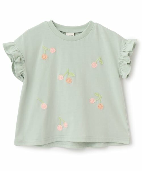 petit main / プティマイン Tシャツ | 【接触冷感】袖フリル刺しゅう半袖Tシャツ(ライト グリーン)