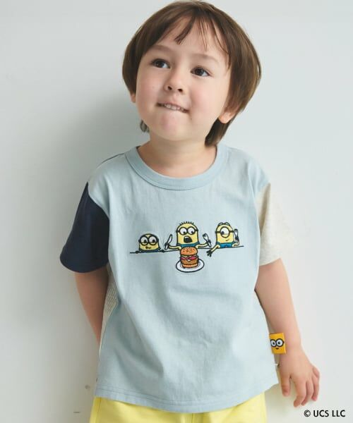 petit main / プティマイン Tシャツ | 【ミニオン】布帛切り替え半袖Tシャツ(ライト ブルー)