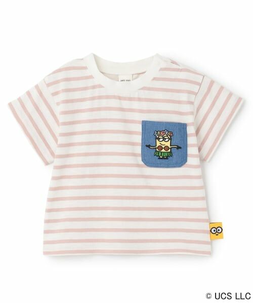 petit main / プティマイン Tシャツ | 【ミニオン】夏あそびスラブボーダー半袖Tシャツ(ライト ピンク)