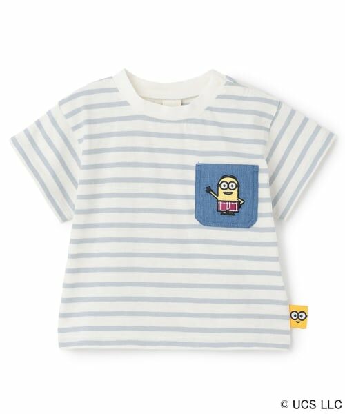 petit main / プティマイン Tシャツ | 【ミニオン】夏あそびスラブボーダー半袖Tシャツ(ライト ブルー)