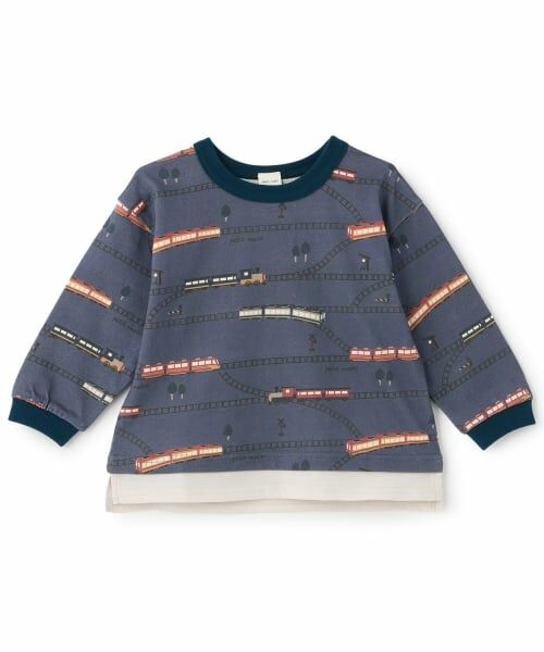 petit main / プティマイン Tシャツ | 総柄長袖Tシャツ(ブルー グレー)