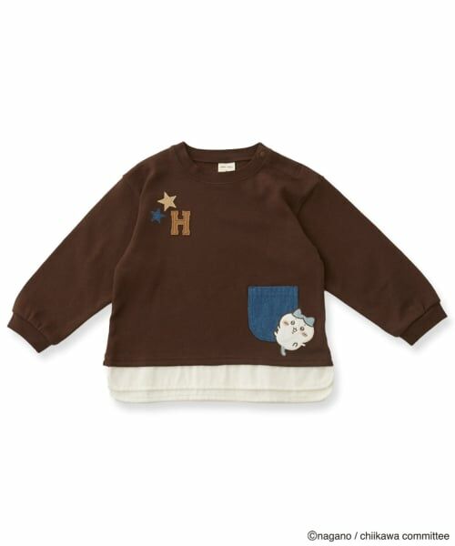 petit main / プティマイン Tシャツ | 【アニメちいかわ】星ロゴアップリケポケットTシャツ（茶）