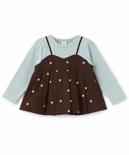 petit main / プティマイン Tシャツ | 【リンク】ハート刺しゅうタックペプラム長袖Tシャツ(茶)