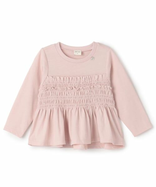petit main / プティマイン Tシャツ | 【リンク】シャーリングペプラム長袖Tシャツ(ライト ピンク)