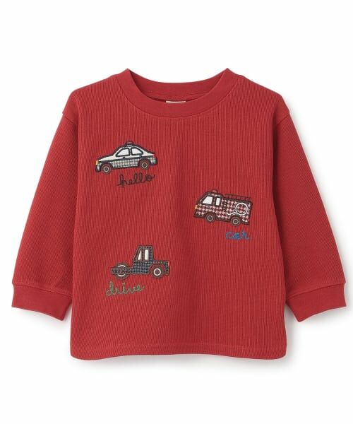 petit main / プティマイン Tシャツ | 【予約商品】車アップリケダブルフェエイス長袖Tシャツ(赤)