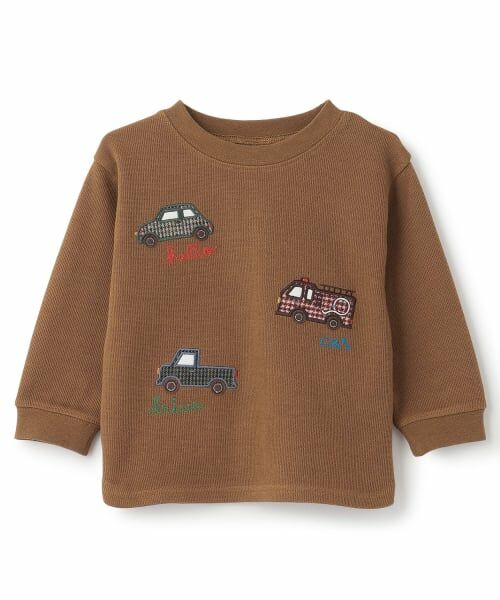 petit main / プティマイン Tシャツ | 【予約商品】車アップリケダブルフェエイス長袖Tシャツ(キャメル)