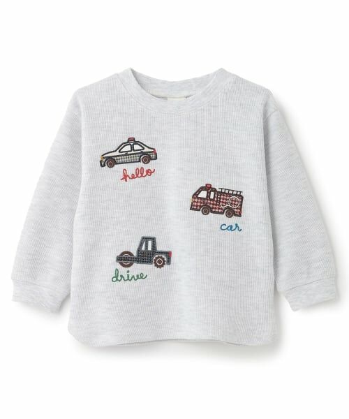 petit main / プティマイン Tシャツ | 【予約商品】車アップリケダブルフェエイス長袖Tシャツ(シロ杢)