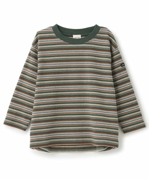 petit main / プティマイン Tシャツ | マルチボーダーテレコ長袖Tシャツ(グリーン)