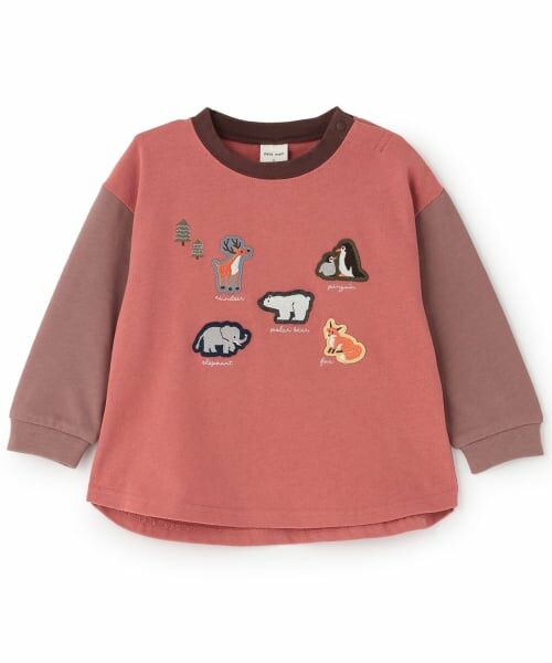 petit main / プティマイン Tシャツ | 【予約商品】アソート刺しゅうワッペン長袖Tシャツ（コーラル）