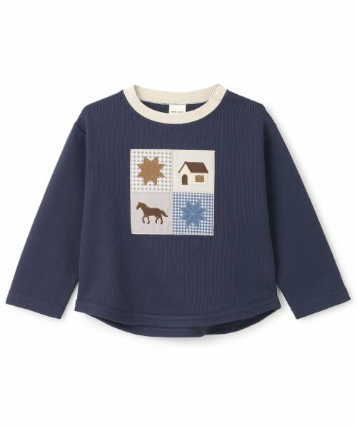 petit main / プティマイン Tシャツ | 【予約商品】パッチワーク長袖Tシャツ(紺)
