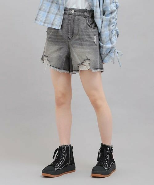 PINK-latte / ピンク ラテ ショート・ハーフ・半端丈パンツ | デニムツイルダメージショートパンツ（黒）