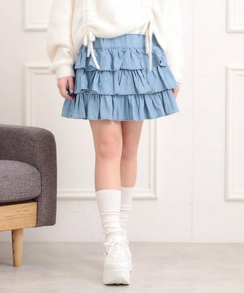 PINK-latte / ピンク ラテ ミニ・ひざ丈スカート | デニムティアードスカート（ブルー）