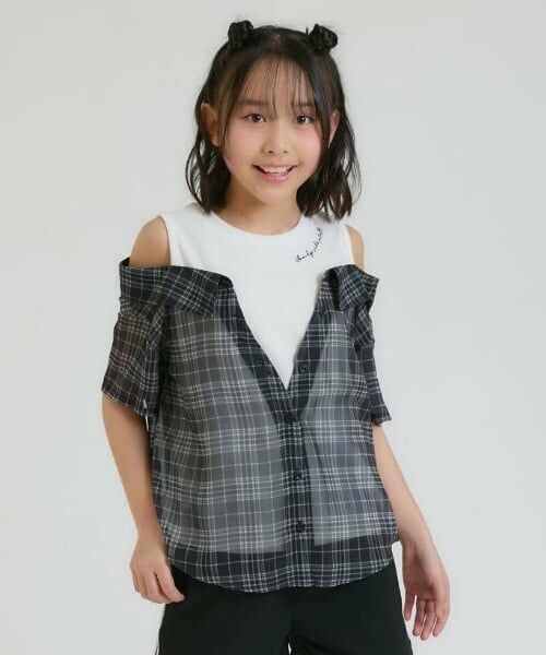 PINK-latte / ピンク ラテ シャツ・ブラウス | 肩あきシアーチェックドッキングシャツ（黒）