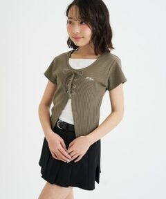 PINK-latte / ピンク ラテ Tシャツ | テレコレースアップ半袖トップス