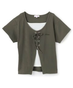 PINK-latte / ピンク ラテ Tシャツ | テレコレースアップ半袖トップス