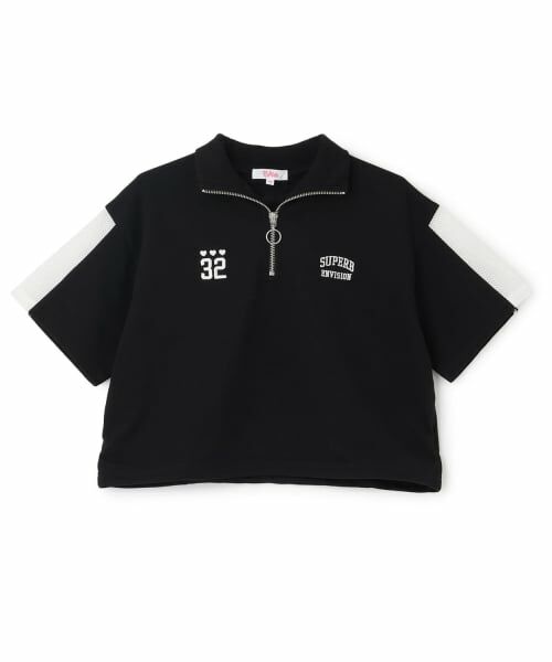 PINK-latte / ピンク ラテ Tシャツ | 袖メッシュハーフジップ半袖Tシャツ(黒)