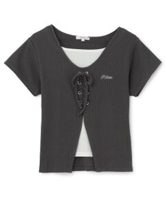 PINK-latte / ピンク ラテ Tシャツ | テレコレースアップ刺しゅう半袖トップス