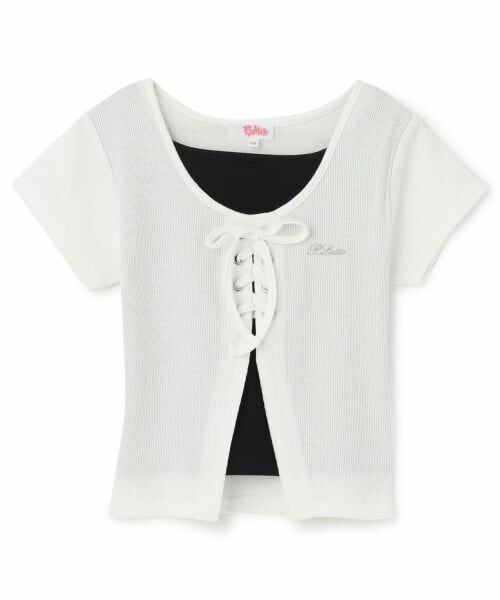 PINK-latte / ピンク ラテ Tシャツ | テレコレースアップ刺しゅう半袖トップス（オフ ホワイト）