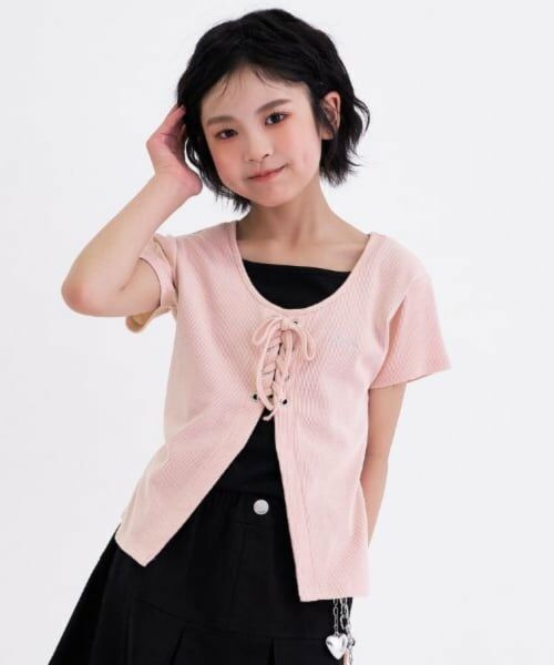 PINK-latte / ピンク ラテ Tシャツ | テレコレースアップ刺しゅう半袖トップス | 詳細12