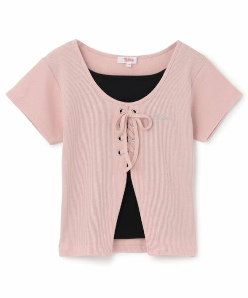 PINK-latte / ピンク ラテ Tシャツ | テレコレースアップ刺しゅう半袖トップス（ピンク）