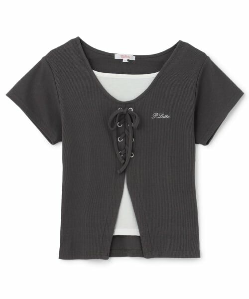 PINK-latte / ピンク ラテ Tシャツ | テレコレースアップ刺しゅう半袖トップス（チャコール）