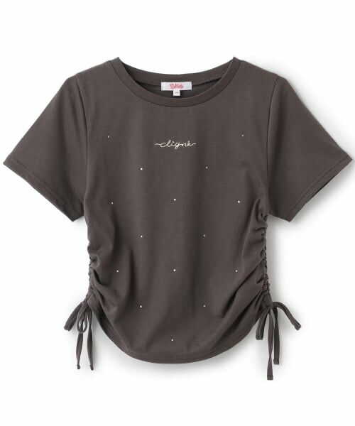 PINK-latte / ピンク ラテ Tシャツ | ラインストーン脇ドロストTシャツ(チャコール)