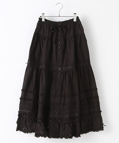 ピンクハウス 綿ローン リボンたっぷり ピコフリル 黒 スカート